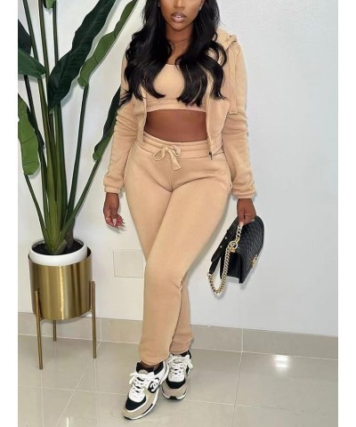 3 Piece Outfits for Women Sweatsuit Set Long Sleeve Zipper Hooded Jacket Tank Crop Top Sweatpants Track Suit Khaki $23.00 Act...