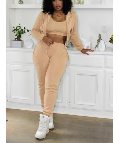 3 Piece Outfits for Women Sweatsuit Set Long Sleeve Zipper Hooded Jacket Tank Crop Top Sweatpants Track Suit Khaki $23.00 Act...