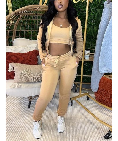 3 Piece Outfits for Women Sweatsuit Set Long Sleeve Zipper Hooded Jacket Tank Crop Top Sweatpants Track Suit Khaki $23.00 Act...