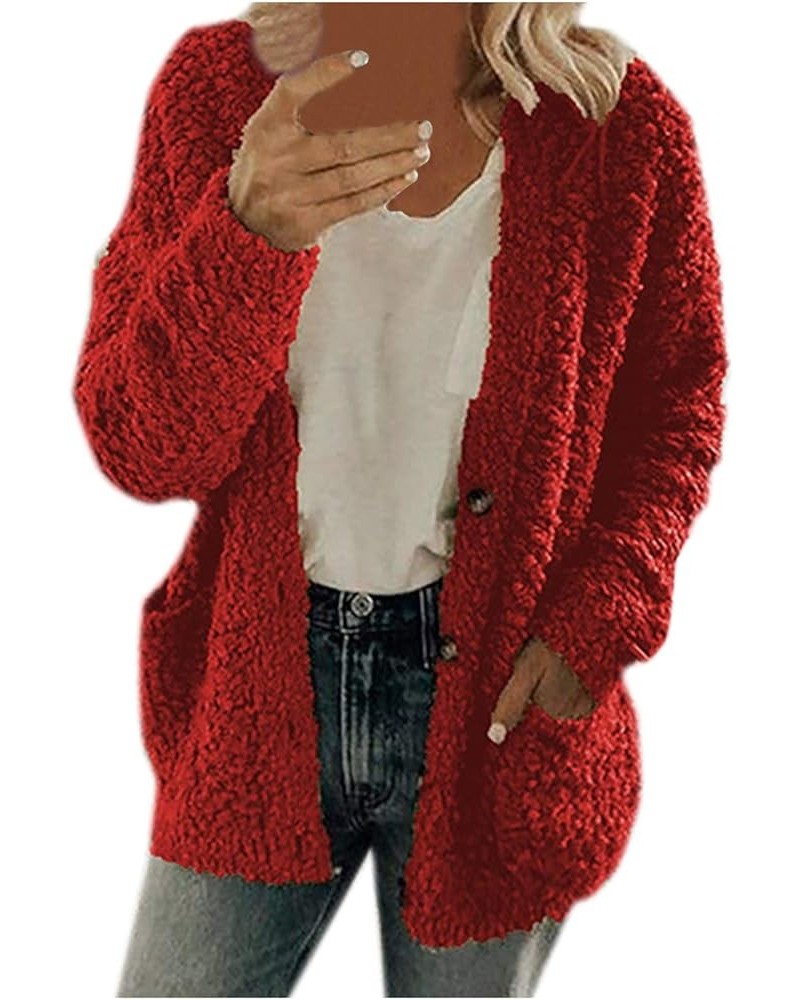 Women Winter Sherpa Jacket Coat Long Sleeve Lapel Fuzzy Warm Fleece Open Front Hooded Cardigan Outerwear with Pockets A03 Red...