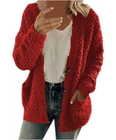 Women Winter Sherpa Jacket Coat Long Sleeve Lapel Fuzzy Warm Fleece Open Front Hooded Cardigan Outerwear with Pockets A03 Red...