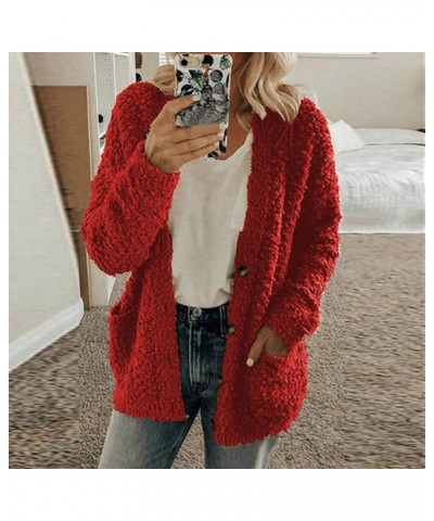 Women Winter Sherpa Jacket Coat Long Sleeve Lapel Fuzzy Warm Fleece Open Front Hooded Cardigan Outerwear with Pockets A03 Red...