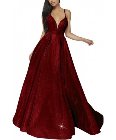 Women's Glittery Spaghetti V-Neck Prom Dresses Long Side Split Formal Evening Gowns Burgundy $39.52 Dresses