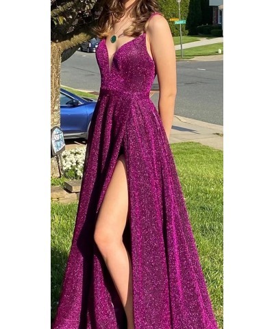 Women's Glittery Spaghetti V-Neck Prom Dresses Long Side Split Formal Evening Gowns Burgundy $39.52 Dresses