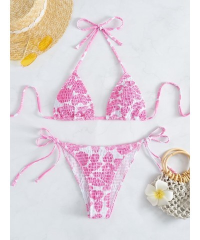 Women's Halter Tie Side Triangle Bikini Set high Cut 2 Piece Bikini Swimsuit Bathing Suit Pink C $17.66 Swimsuits