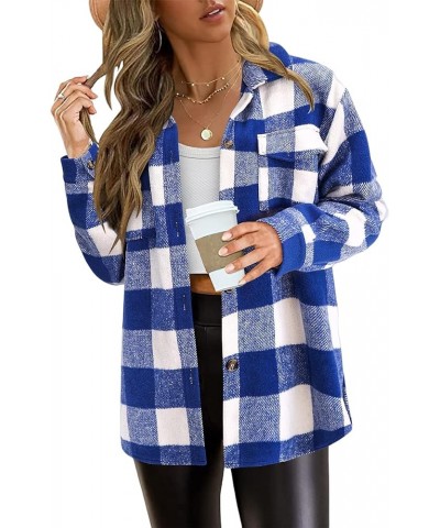 Women's 2023 Fall Clothes Casual Plaid Flannel Shacket Jacket Oversized Button Down Long Sleeve Shirt Jacket Coat Tops B-blue...