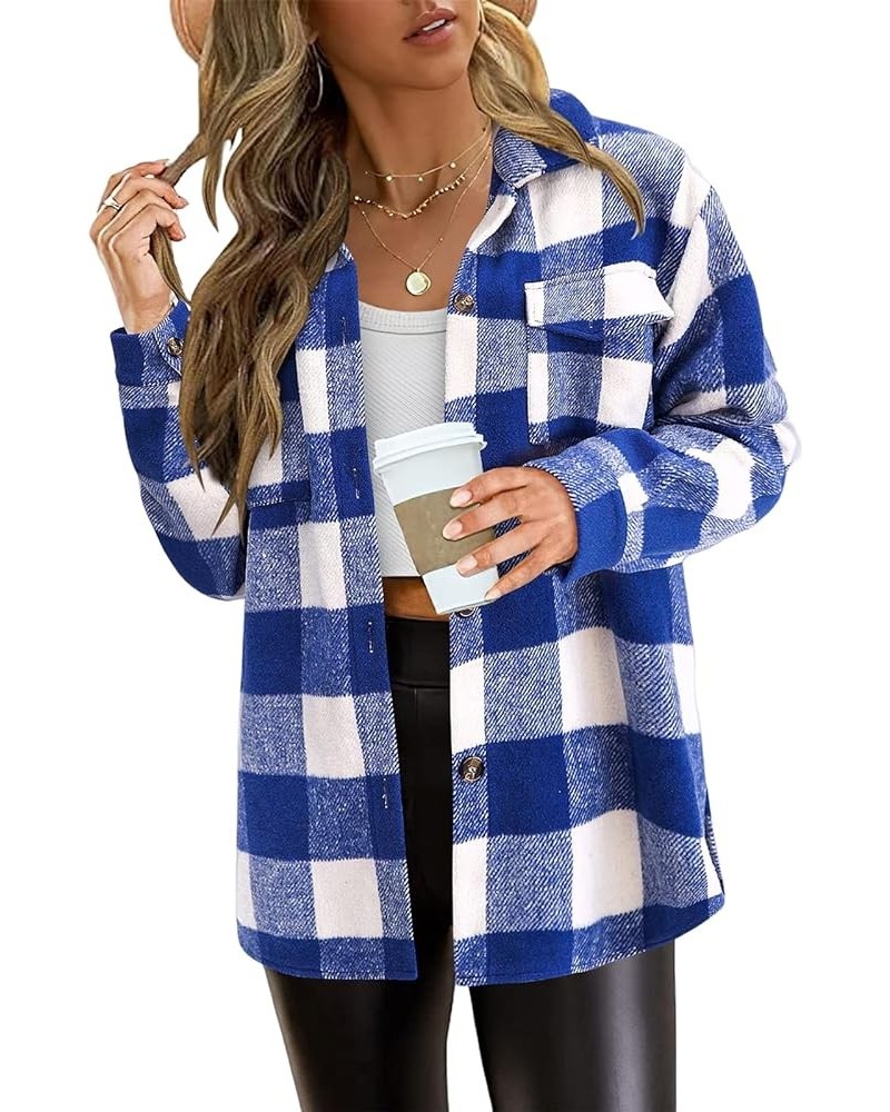 Women's 2023 Fall Clothes Casual Plaid Flannel Shacket Jacket Oversized Button Down Long Sleeve Shirt Jacket Coat Tops B-blue...