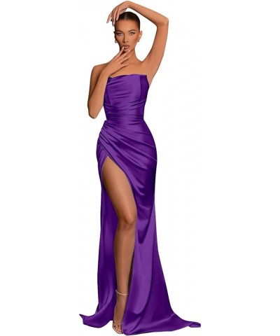 Women's Strapless Bridesmaid Dresses with Slit Pleated Long Mermaid Satin Formal Gown Prom Dress 2024 Purple $32.99 Dresses