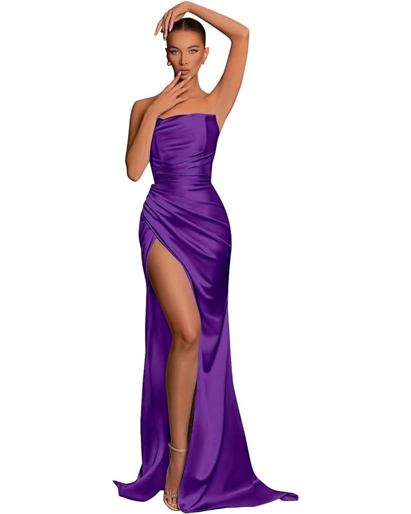 Women's Strapless Bridesmaid Dresses with Slit Pleated Long Mermaid Satin Formal Gown Prom Dress 2024 Purple $32.99 Dresses