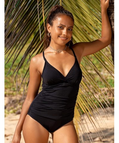Women's Shirred Halter One Piece Swimsuits Macrame Back Swimwear Tummy Control Bathing Suit Black $23.21 Swimsuits