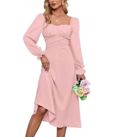 Women's Wrap Square Neck Flounce Long Sleeve Ruched Tie Back Swing Midi Dress Light Pink $30.24 Dresses