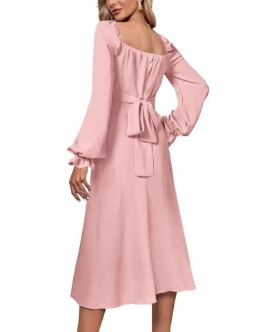 Women's Wrap Square Neck Flounce Long Sleeve Ruched Tie Back Swing Midi Dress Light Pink $30.24 Dresses