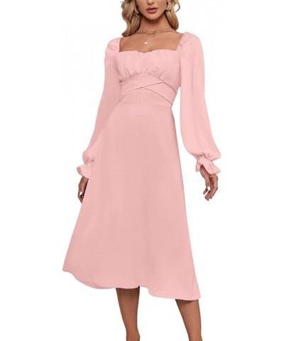 Women's Wrap Square Neck Flounce Long Sleeve Ruched Tie Back Swing Midi Dress Light Pink $30.24 Dresses