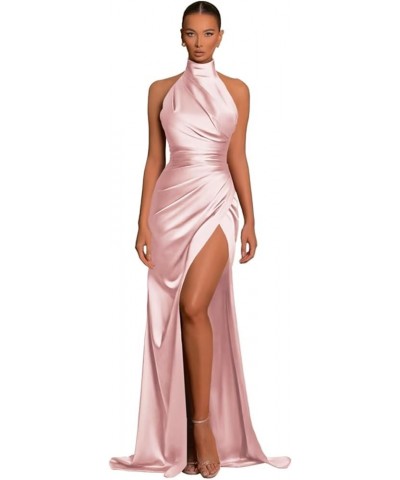 Mermaid Halter Bridesmaid Dresses Long Satin Prom Dresses Pleated Formal Evening Party Gown with Slit Pink $28.59 Dresses