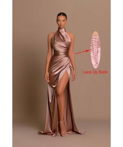 Mermaid Halter Bridesmaid Dresses Long Satin Prom Dresses Pleated Formal Evening Party Gown with Slit Pink $28.59 Dresses