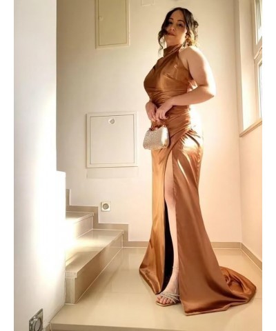 Mermaid Halter Bridesmaid Dresses Long Satin Prom Dresses Pleated Formal Evening Party Gown with Slit Pink $28.59 Dresses