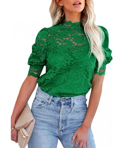 Womens Summer Lace Tops Puff Short Sleeve Mock Neck Casual Blouses Shirts with Separable Cami Green $13.93 Blouses