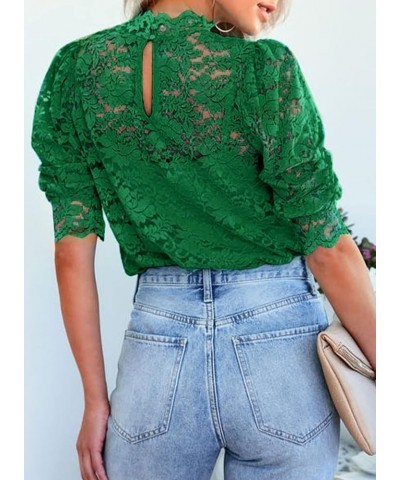 Womens Summer Lace Tops Puff Short Sleeve Mock Neck Casual Blouses Shirts with Separable Cami Green $13.93 Blouses