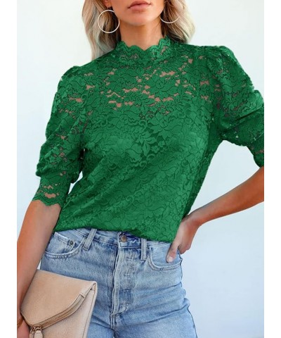 Womens Summer Lace Tops Puff Short Sleeve Mock Neck Casual Blouses Shirts with Separable Cami Green $13.93 Blouses