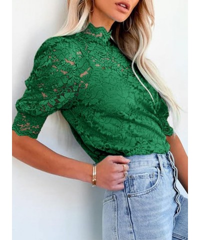 Womens Summer Lace Tops Puff Short Sleeve Mock Neck Casual Blouses Shirts with Separable Cami Green $13.93 Blouses