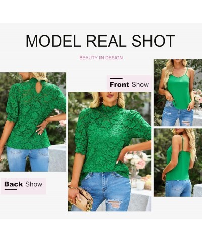 Womens Summer Lace Tops Puff Short Sleeve Mock Neck Casual Blouses Shirts with Separable Cami Green $13.93 Blouses