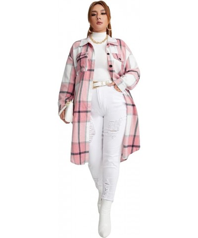 Women's Plus Size Plaid Long Sleeve Button Down Long Coat Casual Shacket Jacket Outerwear Pink $18.90 Jackets