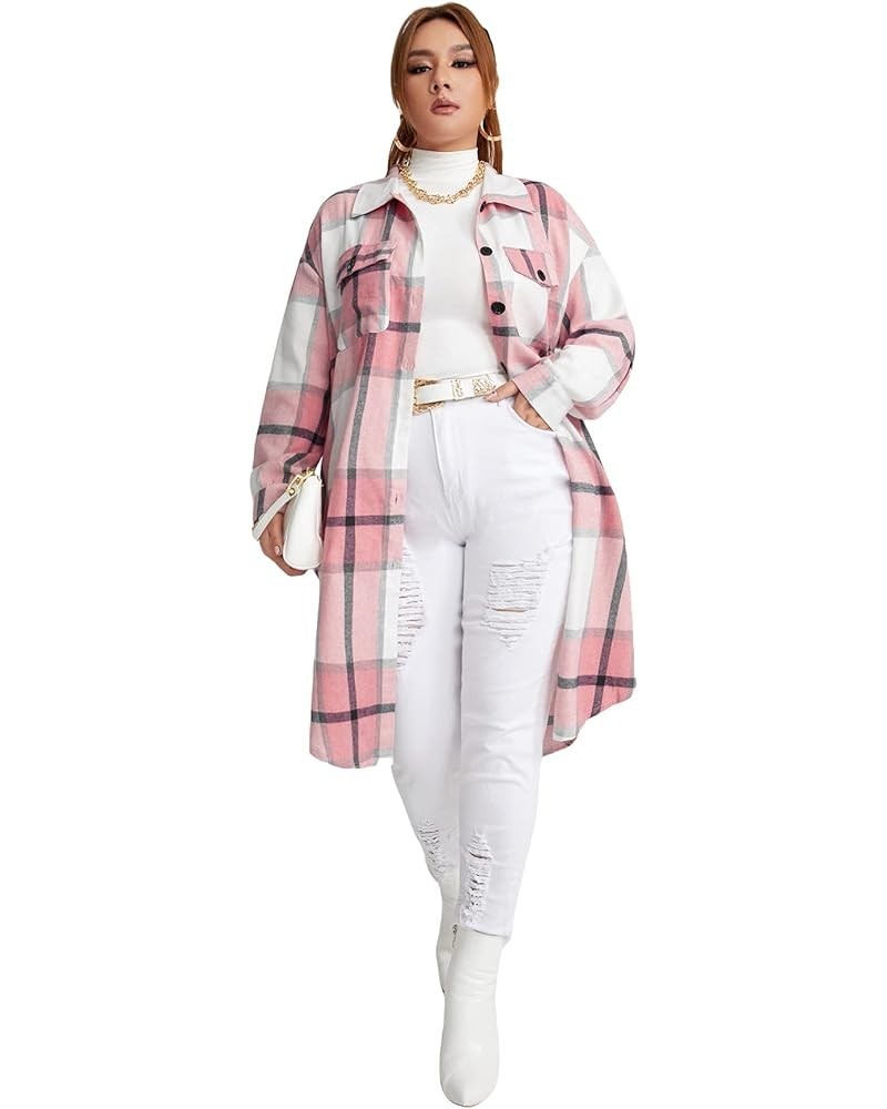 Women's Plus Size Plaid Long Sleeve Button Down Long Coat Casual Shacket Jacket Outerwear Pink $18.90 Jackets