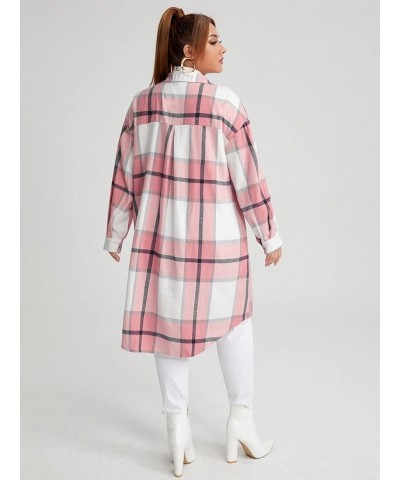 Women's Plus Size Plaid Long Sleeve Button Down Long Coat Casual Shacket Jacket Outerwear Pink $18.90 Jackets