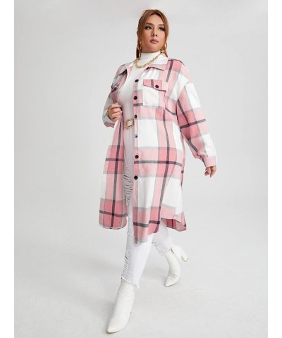 Women's Plus Size Plaid Long Sleeve Button Down Long Coat Casual Shacket Jacket Outerwear Pink $18.90 Jackets