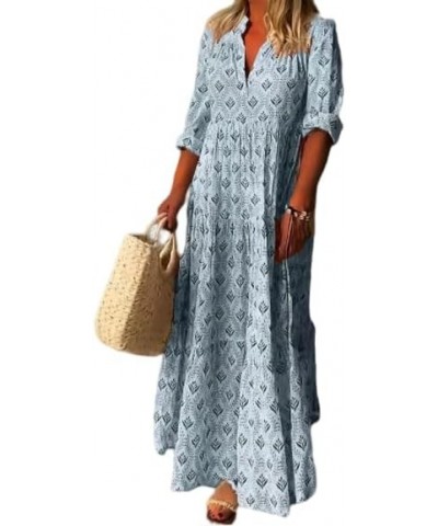 Women Casual Boho Long Sleeve Loose Dress Summer Vintage Pleated V Neck Plus Size Tiered Flowy Beach Maxi Dress Blue-ds1 $17....