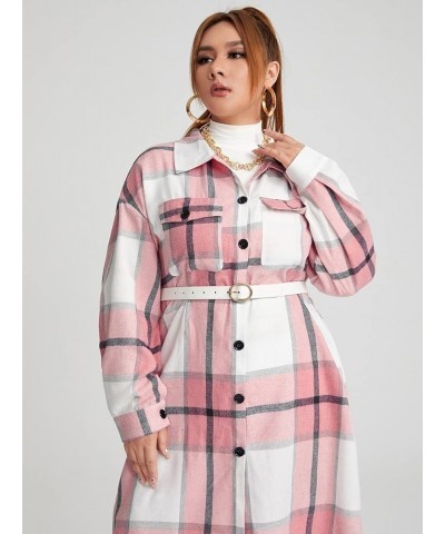 Women's Plus Size Plaid Long Sleeve Button Down Long Coat Casual Shacket Jacket Outerwear Pink $18.90 Jackets