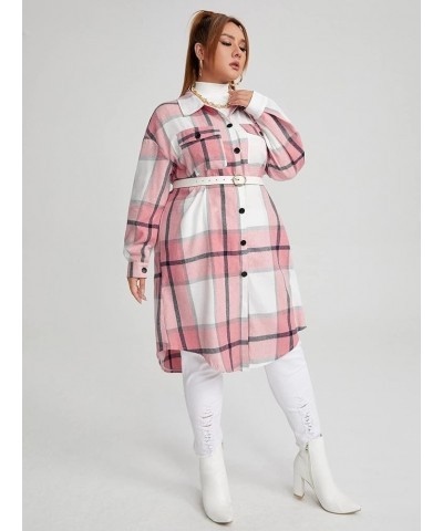 Women's Plus Size Plaid Long Sleeve Button Down Long Coat Casual Shacket Jacket Outerwear Pink $18.90 Jackets