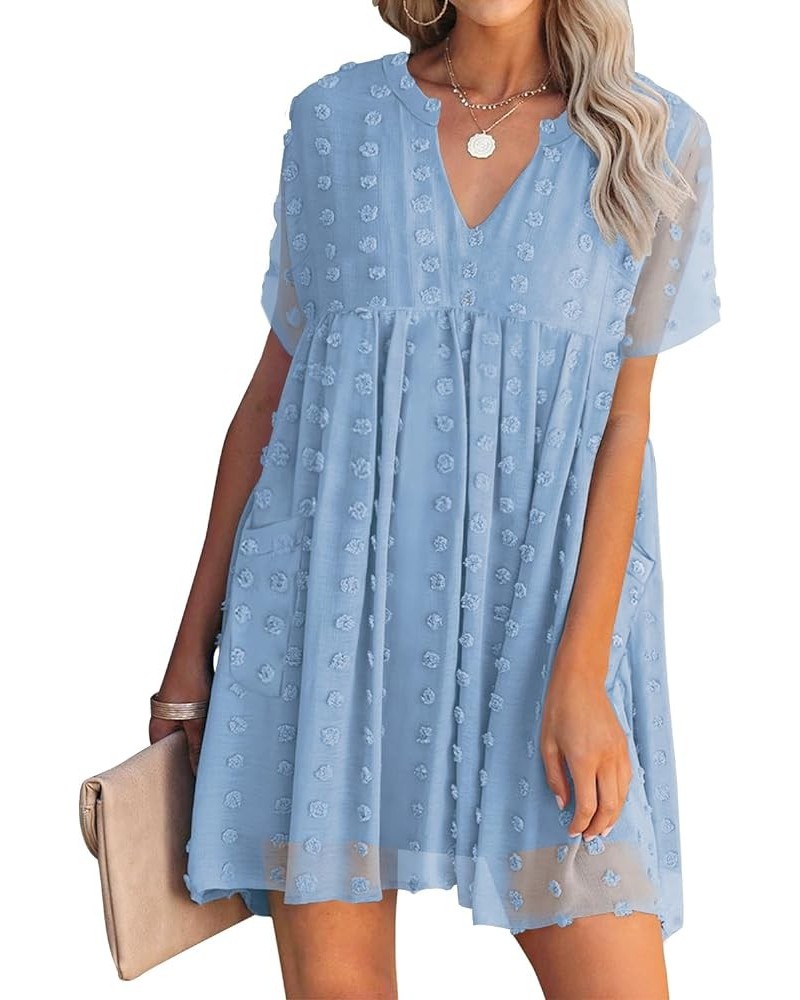 Women's V Neck Short Sleeve Ruffle Loose Summer Flowy Mini Dress 05 Light Blue $23.96 Dresses