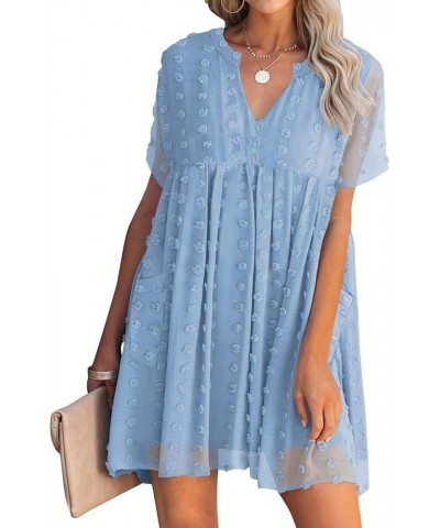 Women's V Neck Short Sleeve Ruffle Loose Summer Flowy Mini Dress 05 Light Blue $23.96 Dresses