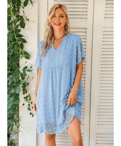 Women's V Neck Short Sleeve Ruffle Loose Summer Flowy Mini Dress 05 Light Blue $23.96 Dresses