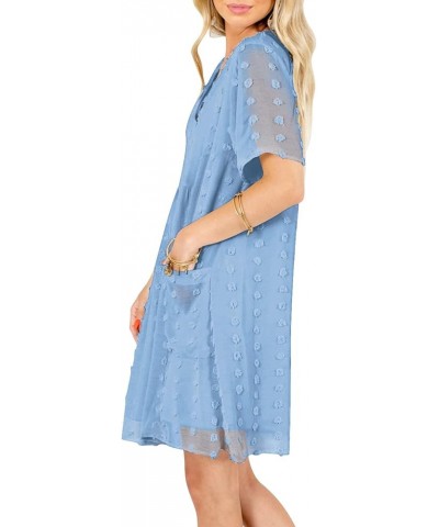 Women's V Neck Short Sleeve Ruffle Loose Summer Flowy Mini Dress 05 Light Blue $23.96 Dresses