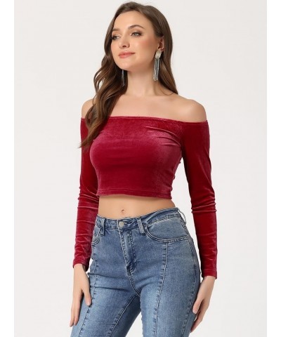 Women's Velvet Top Off Shoulder Casual Solid Blouse Long Sleeve Crop Top Wine Red $15.30 Blouses