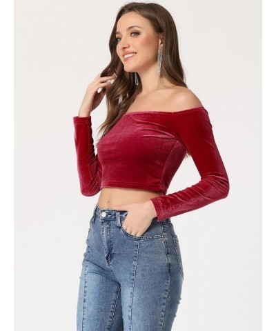Women's Velvet Top Off Shoulder Casual Solid Blouse Long Sleeve Crop Top Wine Red $15.30 Blouses