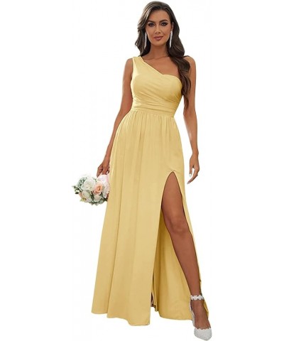 Chiffon One Shoulder Bridesmaid Dresses for Women Long Ruched Evening Dress with Slit Yellow $32.44 Dresses