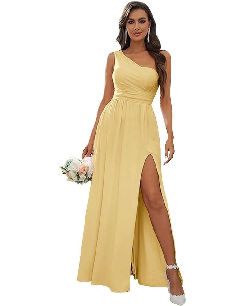 Chiffon One Shoulder Bridesmaid Dresses for Women Long Ruched Evening Dress with Slit Yellow $32.44 Dresses