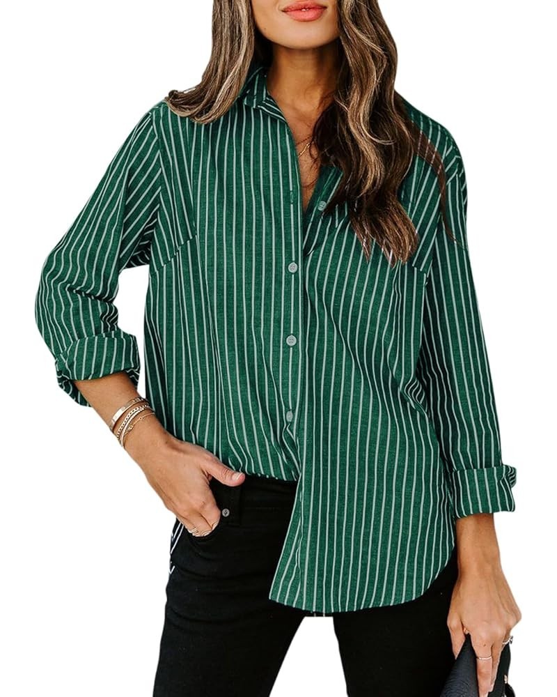 Womens Button Down Shirts Cotton Striped Dress Shirt Long Sleeve Collared Office Work Blouses Tops Green Striped $16.23 Tops