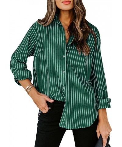 Womens Button Down Shirts Cotton Striped Dress Shirt Long Sleeve Collared Office Work Blouses Tops Green Striped $16.23 Tops