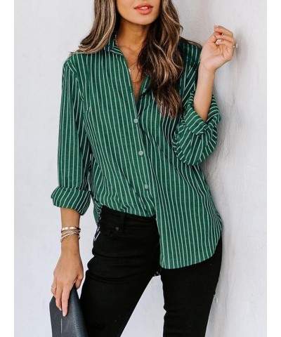 Womens Button Down Shirts Cotton Striped Dress Shirt Long Sleeve Collared Office Work Blouses Tops Green Striped $16.23 Tops