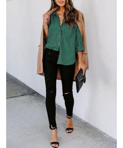 Womens Button Down Shirts Cotton Striped Dress Shirt Long Sleeve Collared Office Work Blouses Tops Green Striped $16.23 Tops