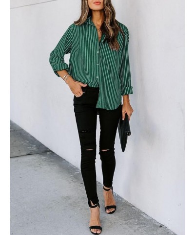 Womens Button Down Shirts Cotton Striped Dress Shirt Long Sleeve Collared Office Work Blouses Tops Green Striped $16.23 Tops