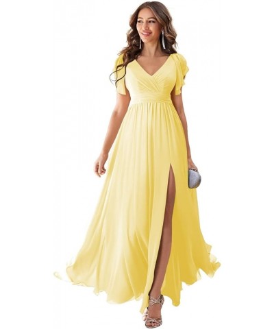 Ruffles Sleeves Bridesmaid Dresses for Women Long Chiffon Prom Evening Gowns with Pockets LB70 Yellow $31.89 Dresses