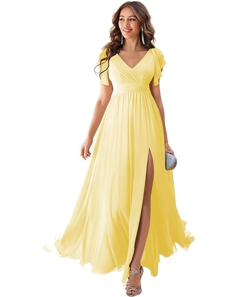 Ruffles Sleeves Bridesmaid Dresses for Women Long Chiffon Prom Evening Gowns with Pockets LB70 Yellow $31.89 Dresses