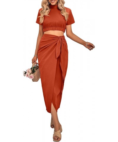 Women's 2 Piece Outfits Casual Sleeveless Halter Crop Top and Draped Ruched Skirt Solid Set for Cocktail Party Short Sleeve B...