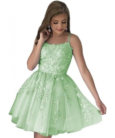 Spaghetti Straps Tulle Homecoming Dresses for Teens Short Prom Dress Lace Applique Cocktail Dress Party Gown Mint Green $32.9...