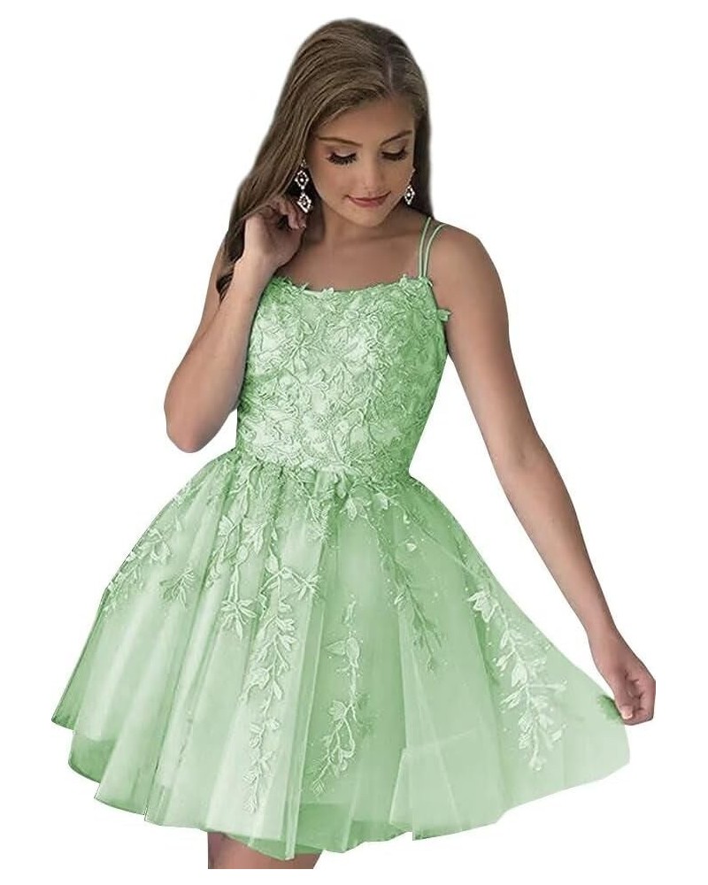 Spaghetti Straps Tulle Homecoming Dresses for Teens Short Prom Dress Lace Applique Cocktail Dress Party Gown Mint Green $32.9...